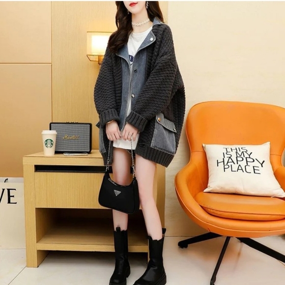 Denim stitched cardigan dark gray - Picture 2 of 5